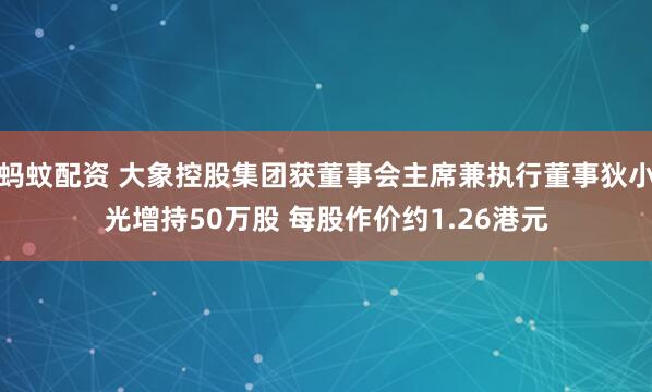 蚂蚊配资 大象控股集团获董事会主席兼执行董事狄小光增持50万股 每股作价约1.26港元